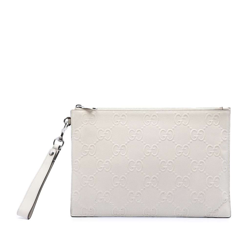 Gucci GG Embossed Perforated Calfskin Wristlet Clutch White Leather Very good condition - Front View