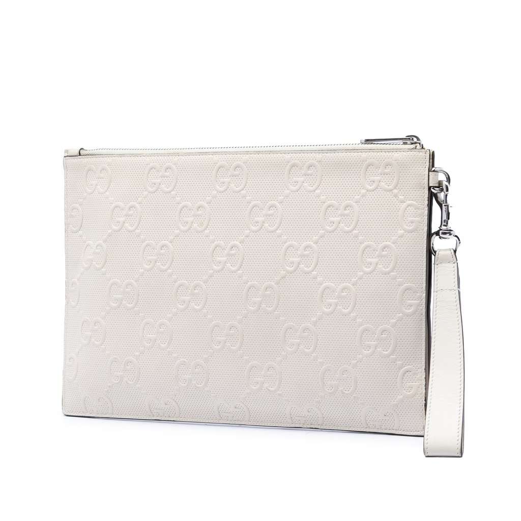 Gucci GG Embossed Perforated Calfskin Wristlet Clutch White Leather Very good condition - Back View