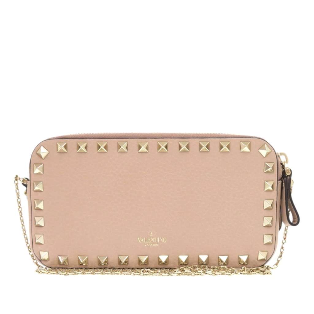 Valentino Pebbled Calfskin Rockstud Double Zip Chain Pouch Brown Leather Very good condition - Front View