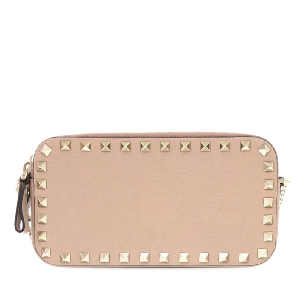 Valentino Pebbled Calfskin Rockstud Double Zip Chain Pouch Brown Leather Very good condition - Back View