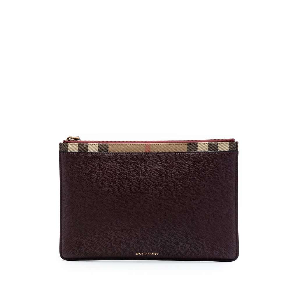 Burberry House Check Canvas Trimmed Grained Calfskin Zip Pouch Red Leather Very good - Front View
