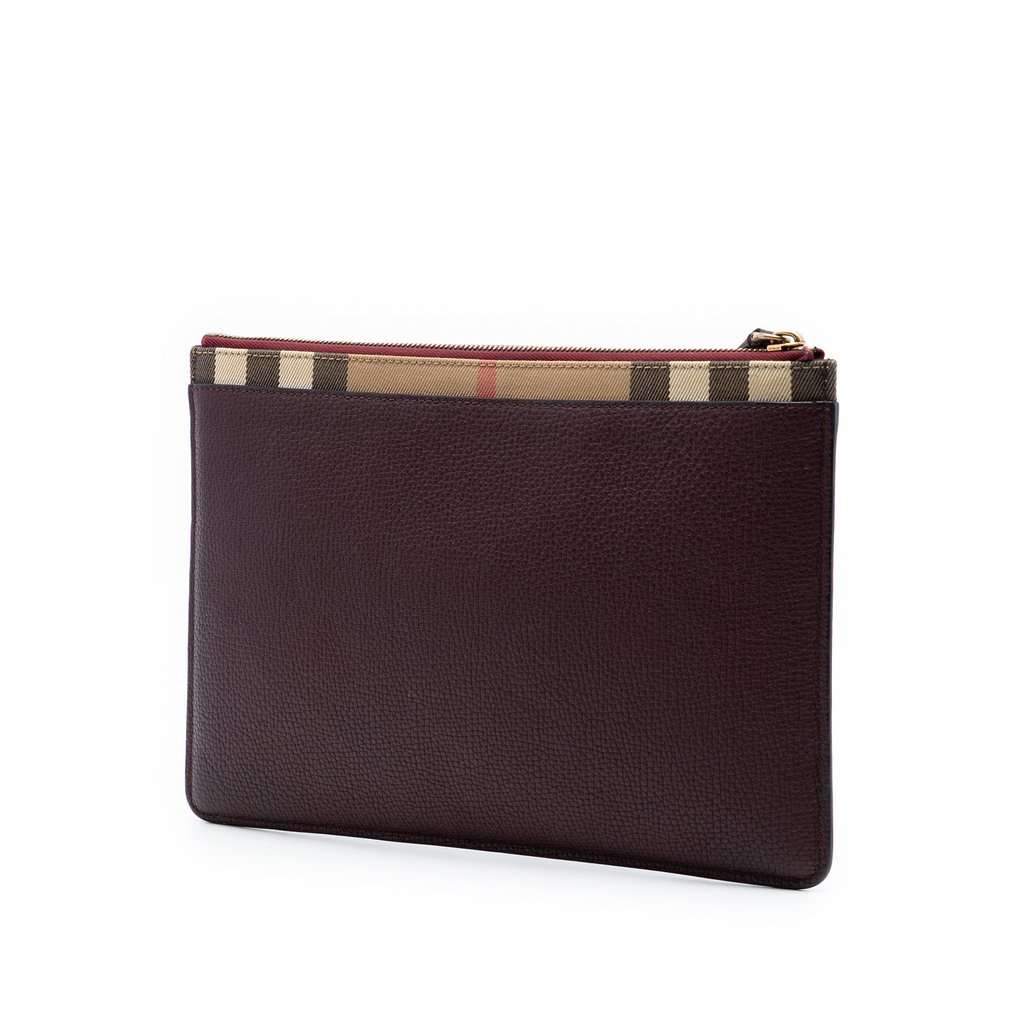 Burberry House Check Canvas Trimmed Grained Calfskin Zip Pouch Red Leather Very good - Back View