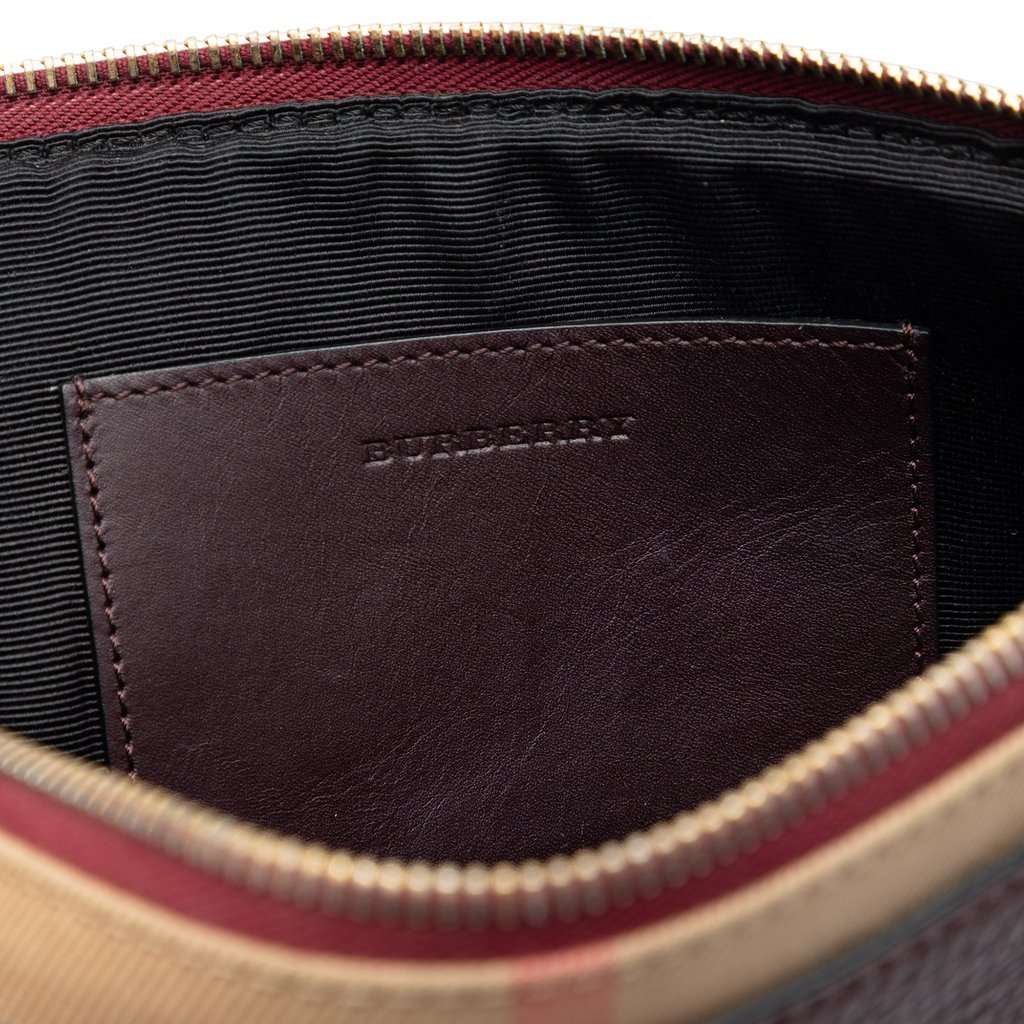 Burberry House Check Canvas Trimmed Grained Calfskin Zip Pouch Red Leather Very good - Box View