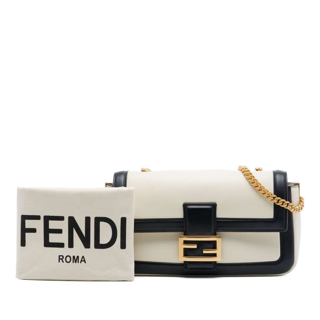 Fendi Bicolor Leather Chain Midi Baguette White Leather Very good condition - Box View