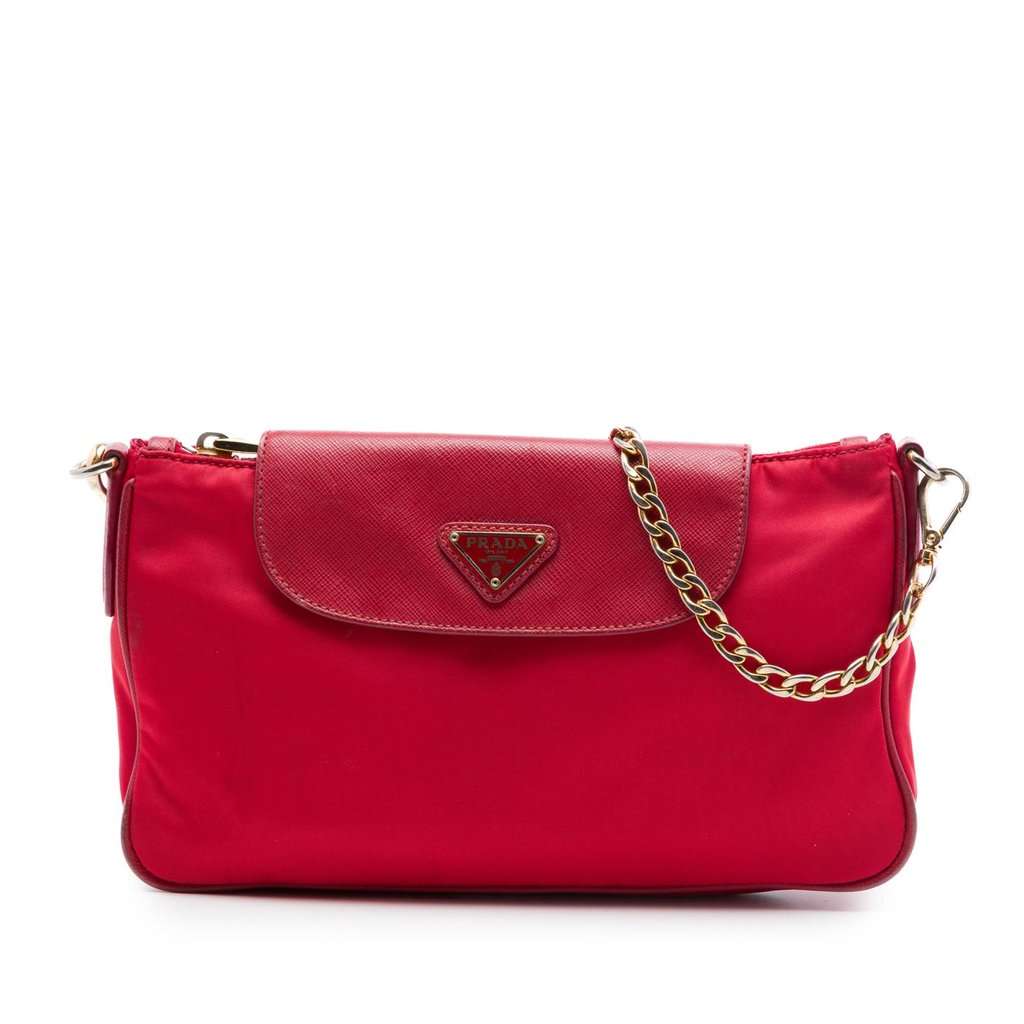 Prada Saffiano Trimmed Tessuto Chain Crossbody Red Very good - Front View