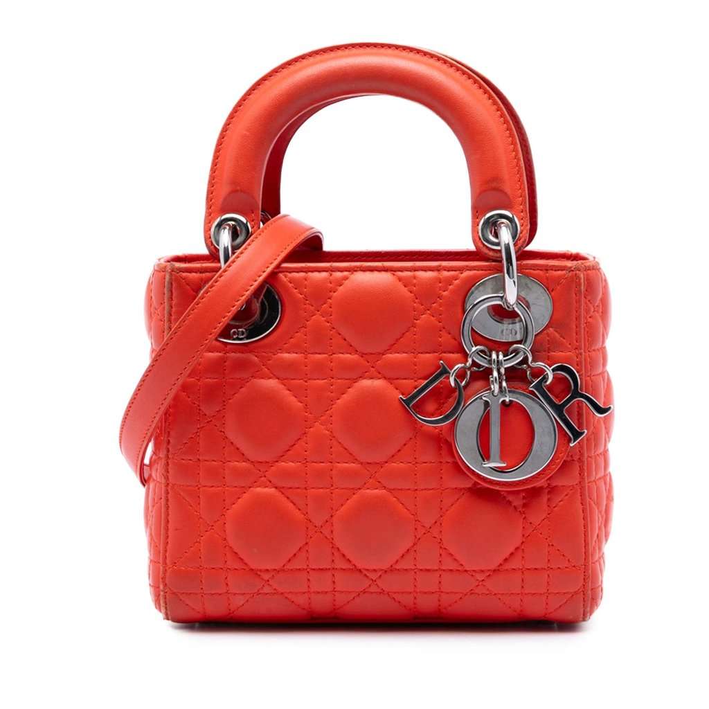 Dior Mini Lambskin Cannage Lady Dior Orange Leather Very good - Front View