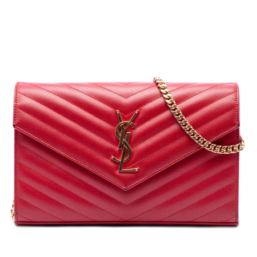 Saint Laurent Grain De Poudre Cassandre Envelope Chain Wallet Red Leather Very good condition - Front View