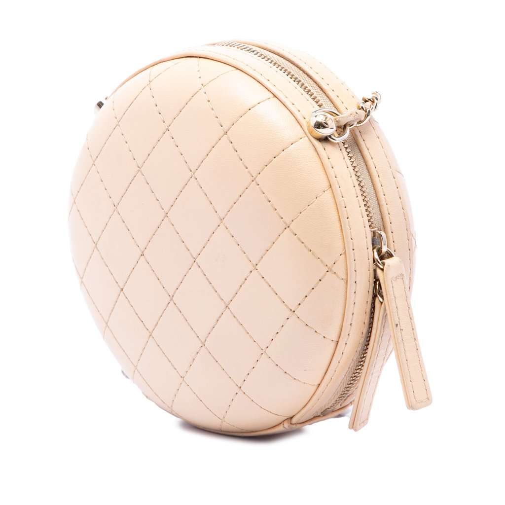 Chanel Stitched Calfskin Logo Strass and Pearl Chain Round Crossbody Beige Leather Very good condition - Back View