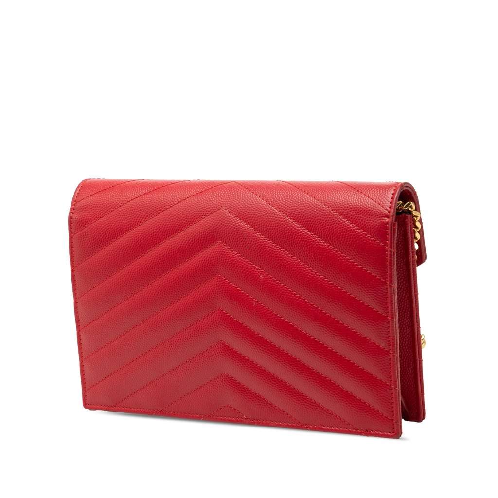 Saint Laurent Grain De Poudre Chevron Monogram Envelope Wallet on Chain Red Leather Very good condition - Back View