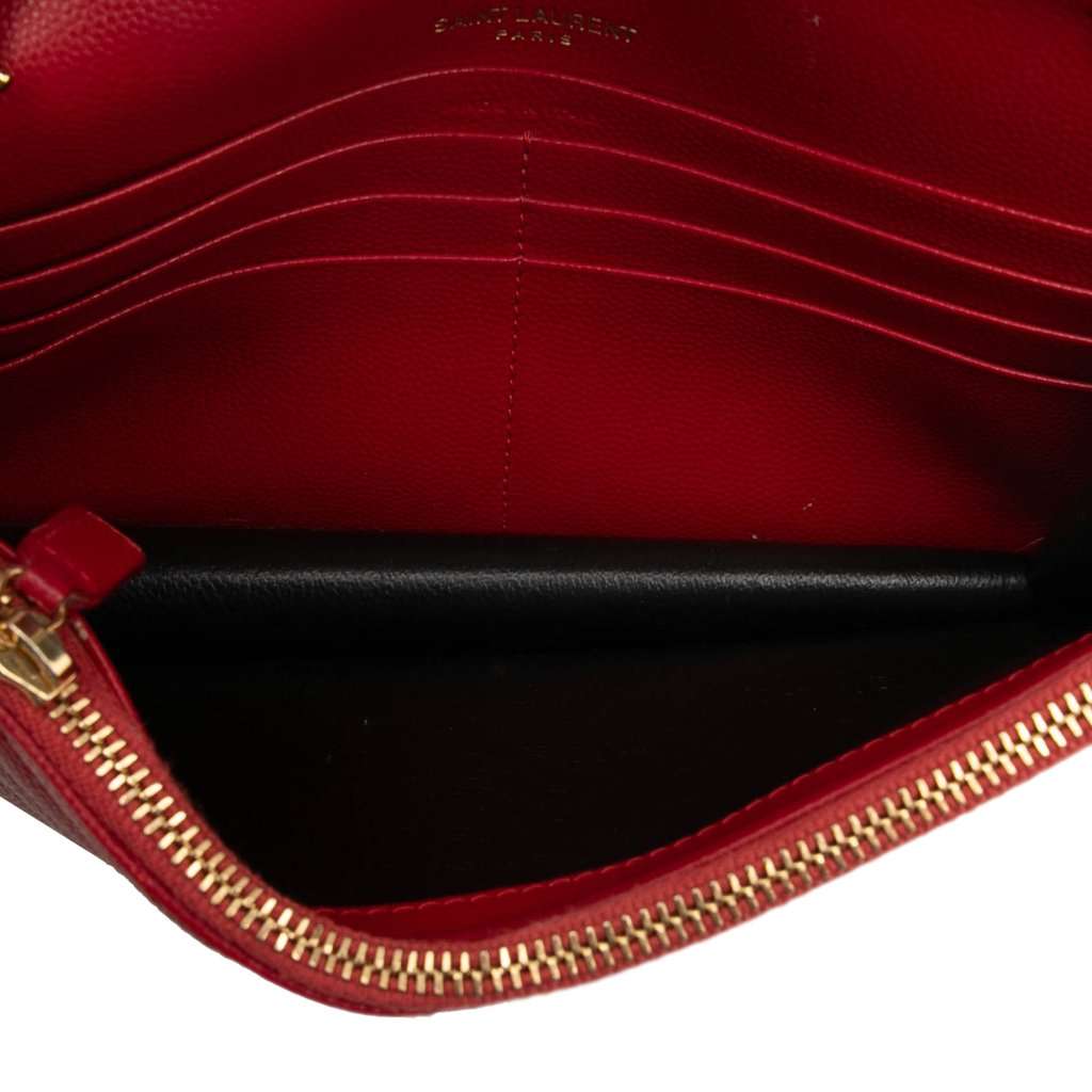 Saint Laurent Grain De Poudre Chevron Monogram Envelope Wallet on Chain Red Leather Very good condition - Model View