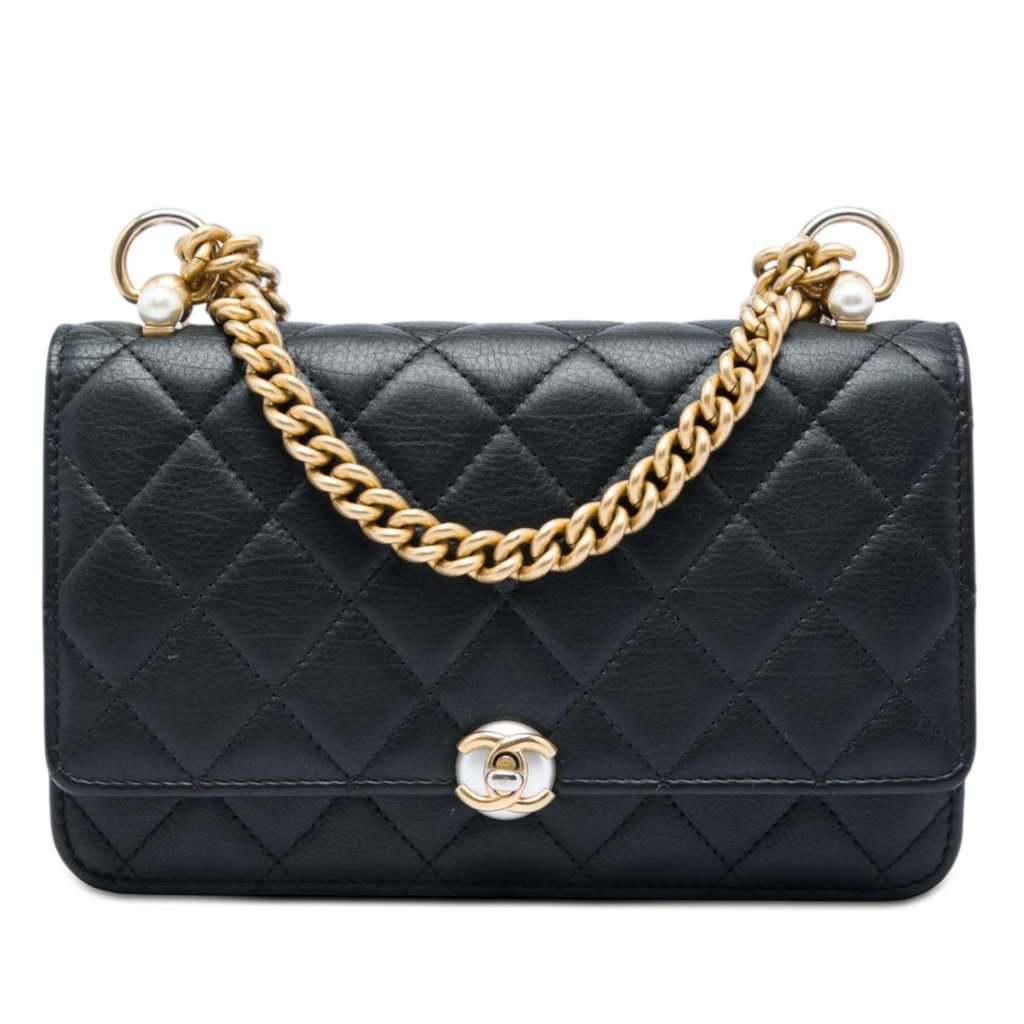 Chanel CC Quilted Lambskin Pearl Wallet on Chain Black Leather Very good - Front View