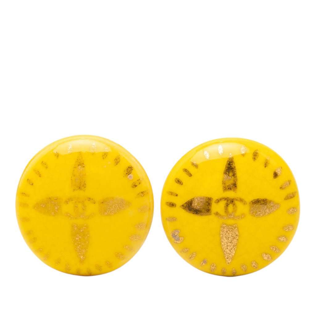 Chanel CC Resin Round Clip On Earrings Yellow Plastic Very good - Front View