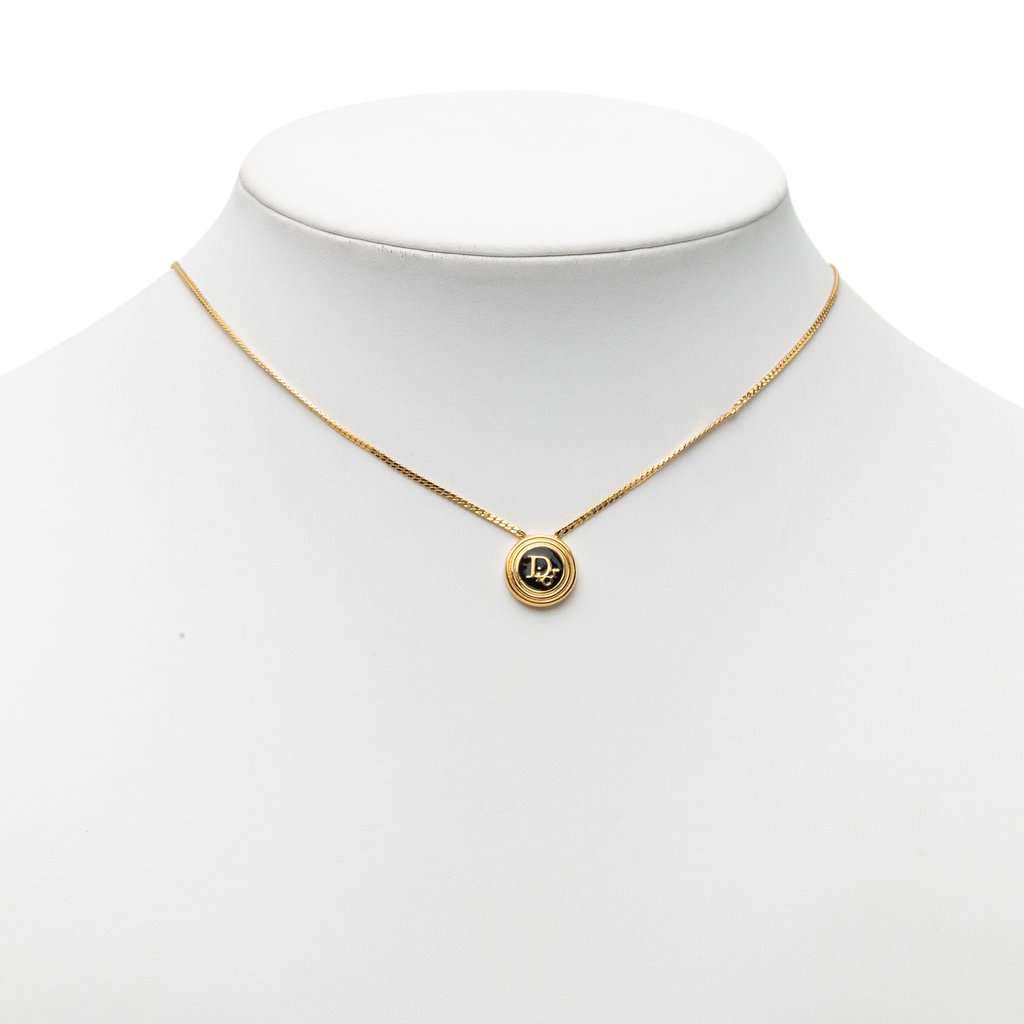 Dior Gold Plated Enamel Logo Round Pendant Necklace Gold Metal Very good condition - Box View