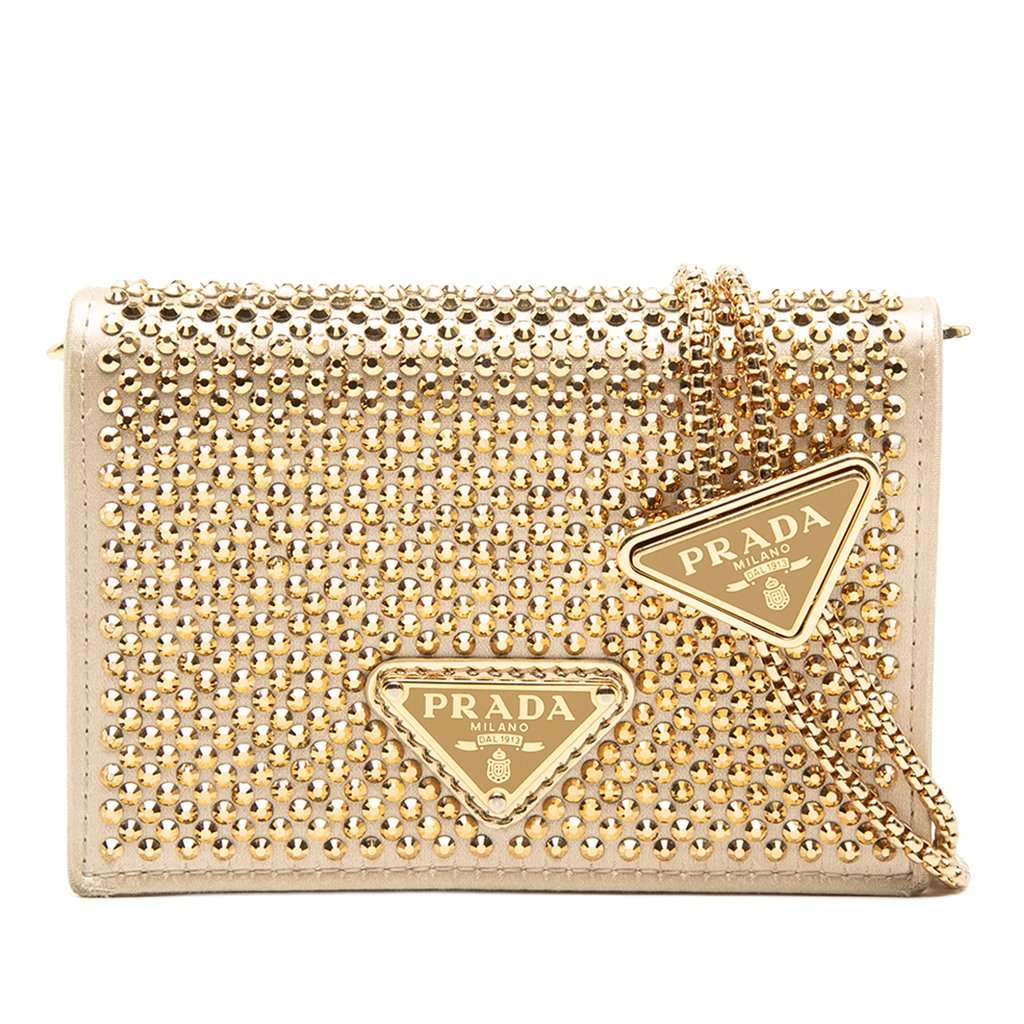 Prada Crystal Embellished Satin Card Holder with Chain Gold Very good condition - Front View
