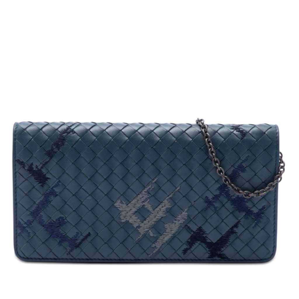 Bottega Veneta Nappa Intrecciato Embroidered Continental Wallet on Chain Blue Leather Very good condition - Front View