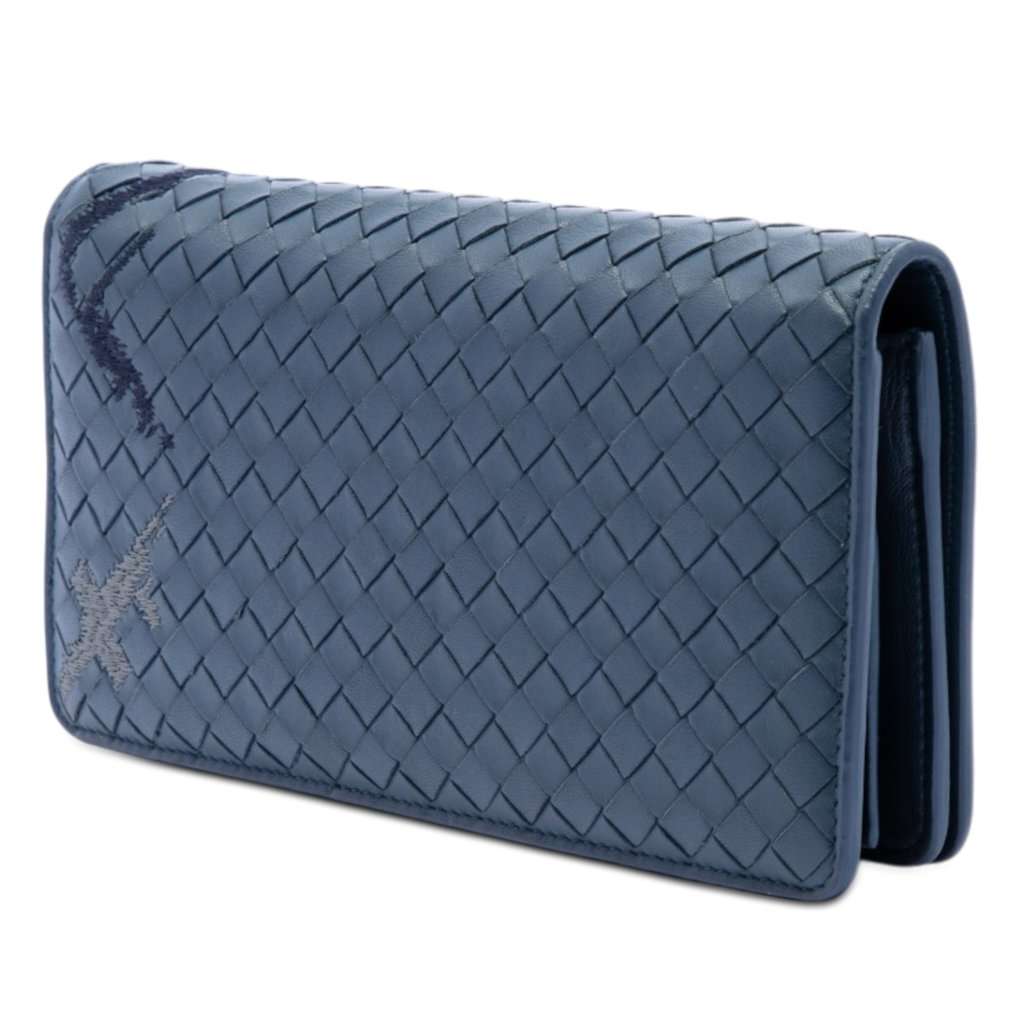 Bottega Veneta Nappa Intrecciato Embroidered Continental Wallet on Chain Blue Leather Very good condition - Back View