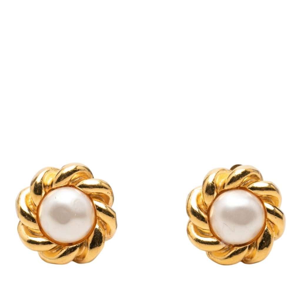 Chanel Gold Plated Faux Pearl Flower Clip On Earrings Gold Metal Very good condition - Front View