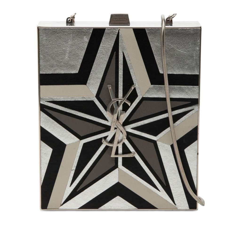 Saint Laurent Metal and Leather Tuxedo Box Star Clutch on Chain Silver Metal Very good condition - Front View