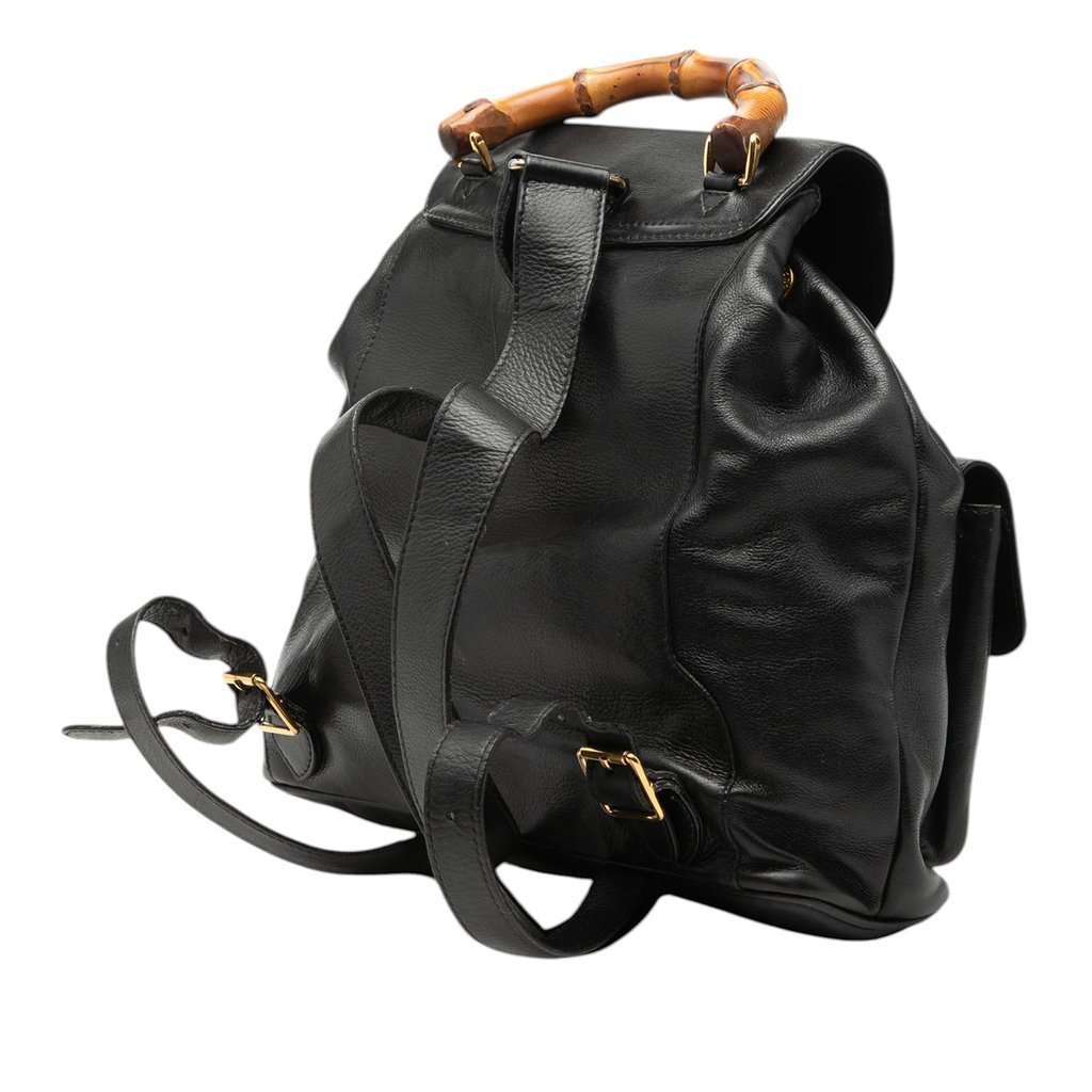 Gucci Calfskin Bamboo Drawstring Backpack Black Leather Very good condition - Back View