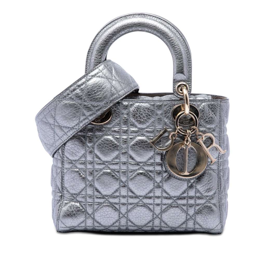 Dior Small Metallic Grained Calfskin Cannage Supple Lady Dior Silver Leather Very good condition - Front View