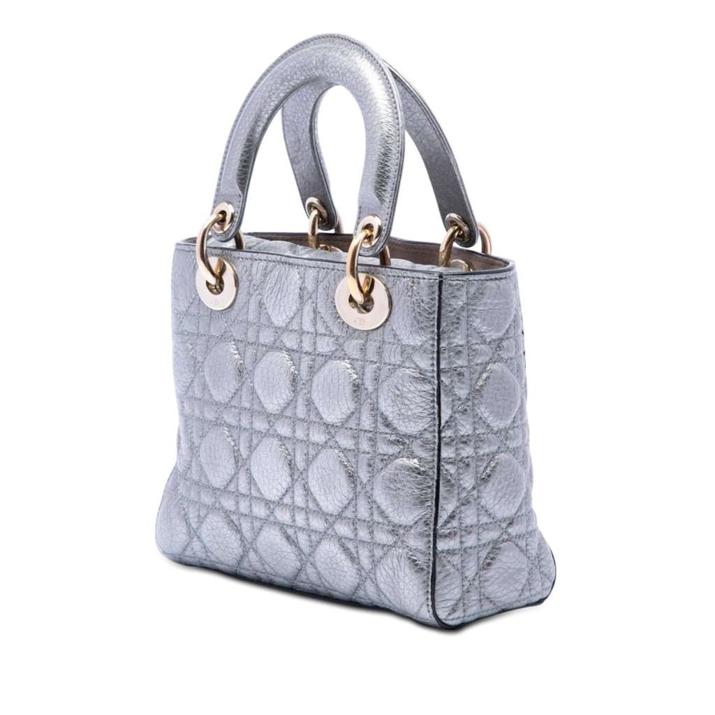 Dior Small Metallic Grained Calfskin Cannage Supple Lady Dior Silver Leather Very good condition - Back View