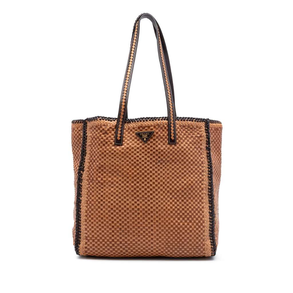 Prada Woven Goatskin Madras Tote Brown Leather Very good condition - Front View