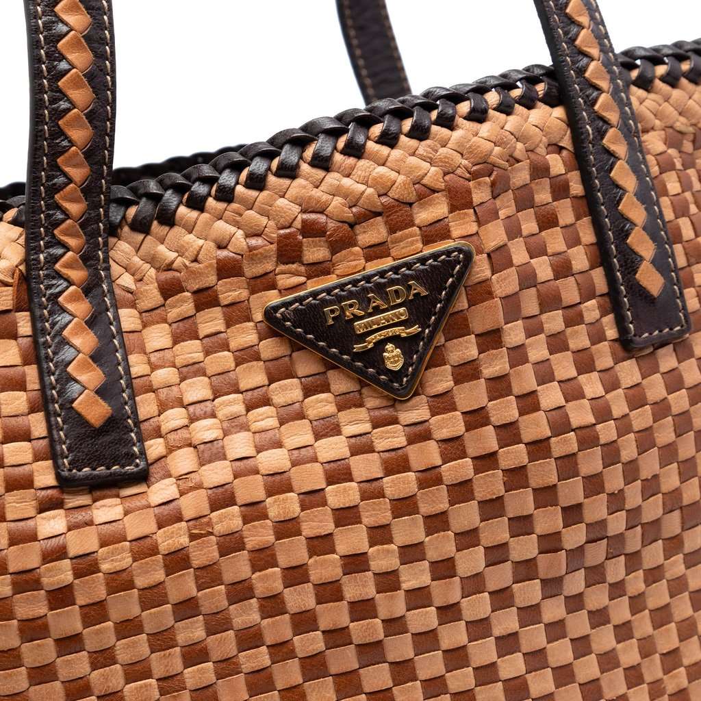 Prada Woven Goatskin Madras Tote Brown Leather Very good condition - Box View