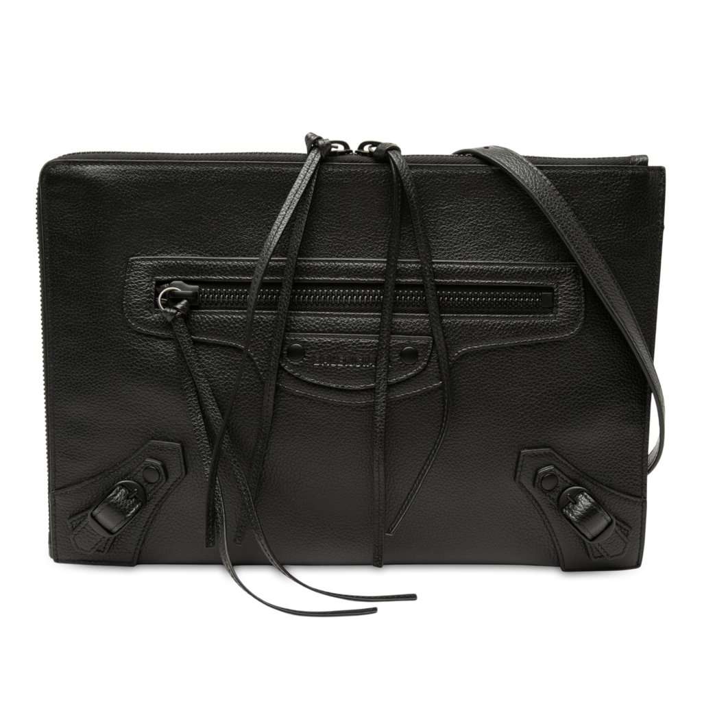 Balenciaga Grained Calfskin Neo Classic Compact Clutch with Strap Black Leather Very good - Front View