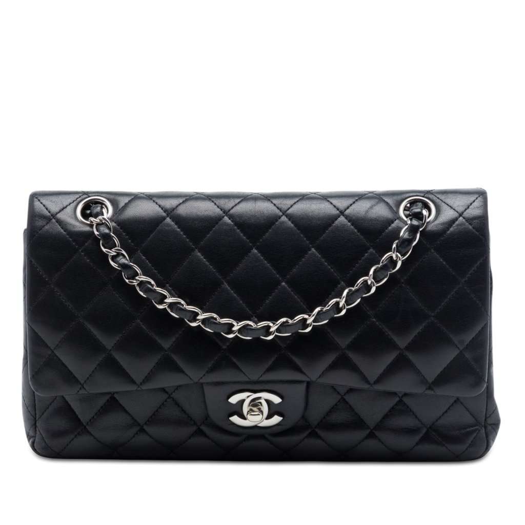 Chanel Medium Classic Lambskin Double Flap Black Leather Very good - Front View
