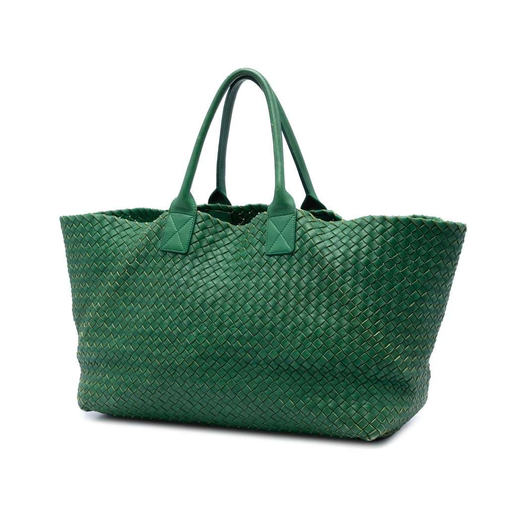 Bottega Veneta Limited Edition Large Lambskin Intreccio Cabat Tote Green Leather Very good condition - Back View