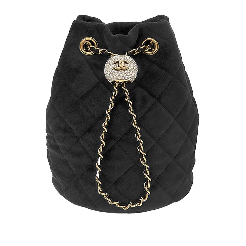 Chanel Quilted Velvet Crystal Pearl Crush Bucket Bag Black Very good condition - Front View