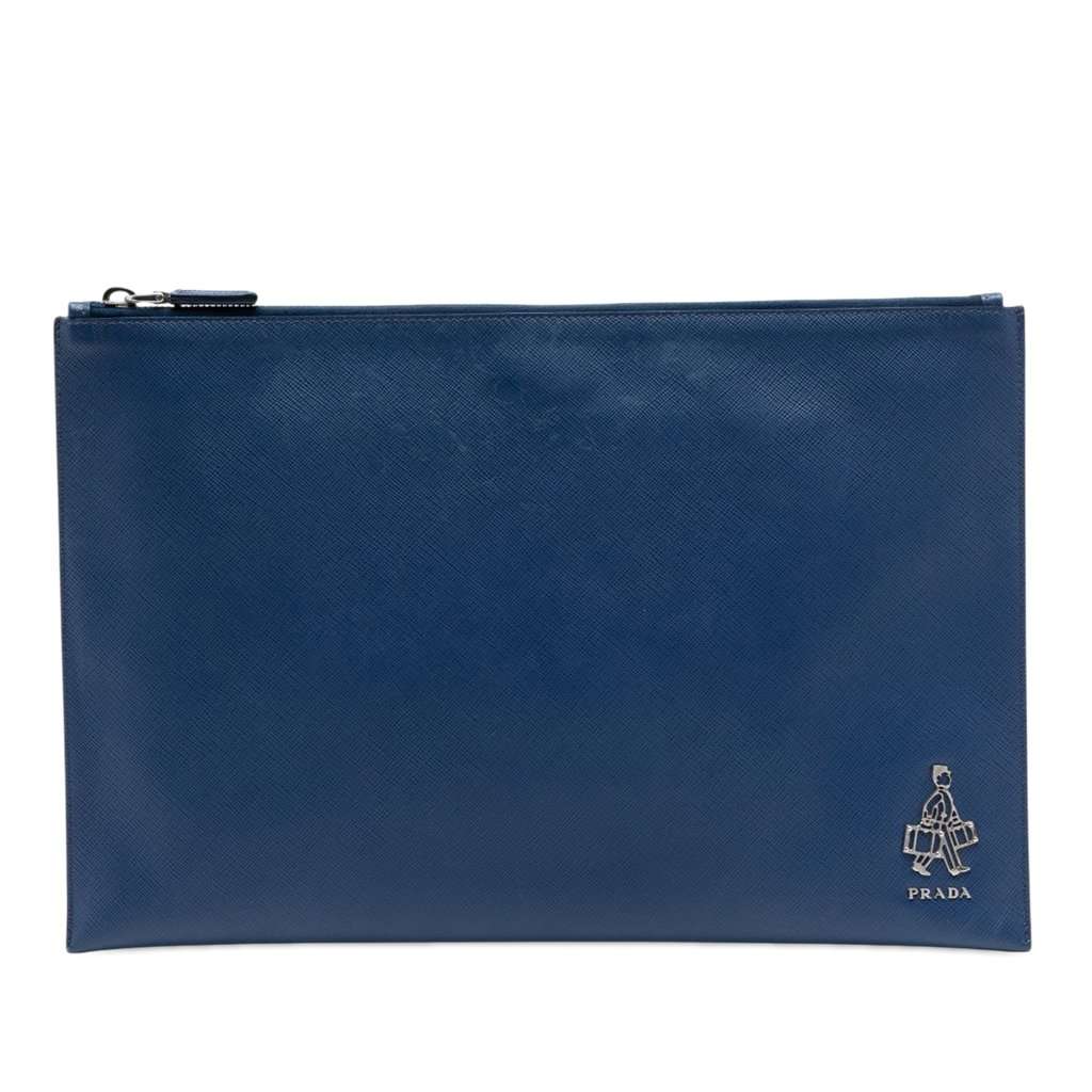 Prada Saffiano Bellboy Voyage Clutch Blue Leather Very good condition - Front View