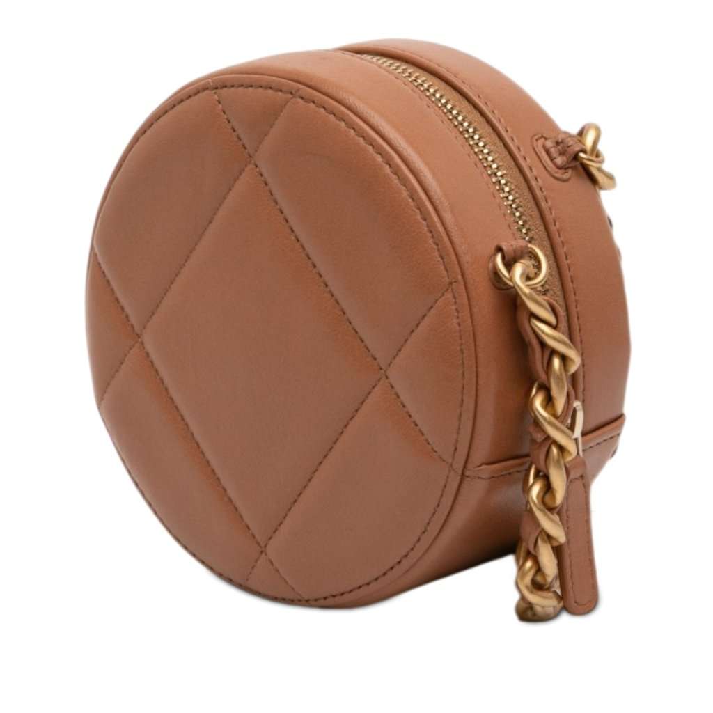 Chanel Mini Round 19 Clutch with Strap Brown Leather Very good condition - Back View