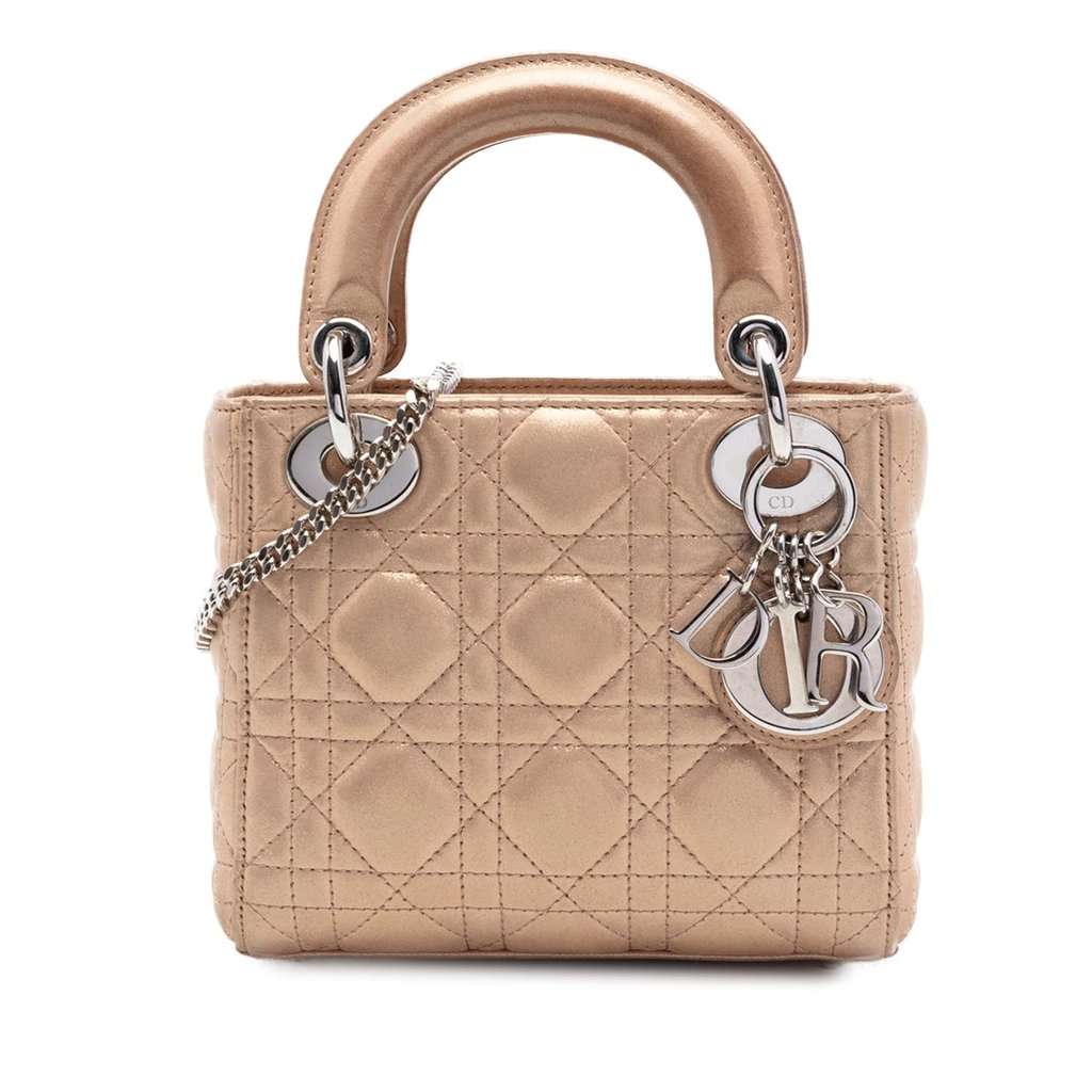 Dior Mini Iridescent Lambskin Cannage Lady Dior Gold Leather Very good condition - Front View