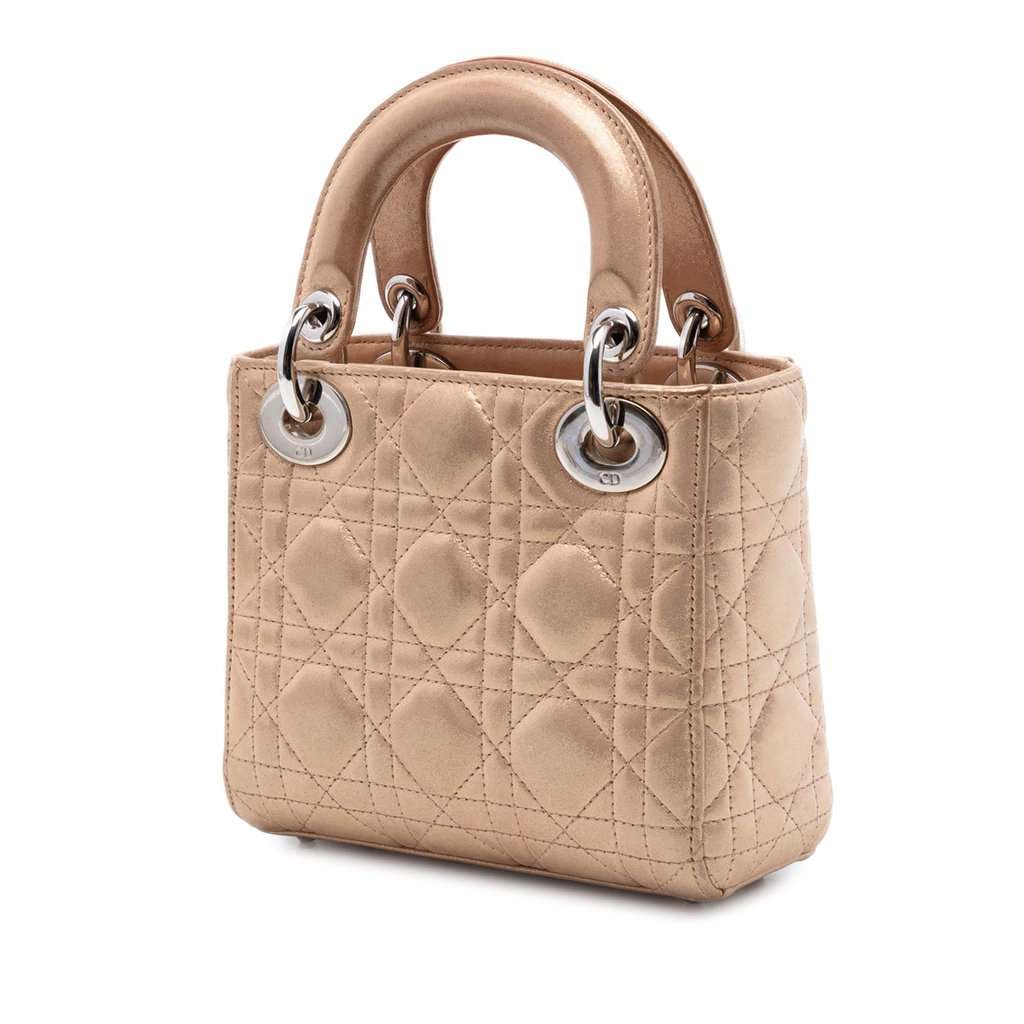Dior Mini Iridescent Lambskin Cannage Lady Dior Gold Leather Very good condition - Back View