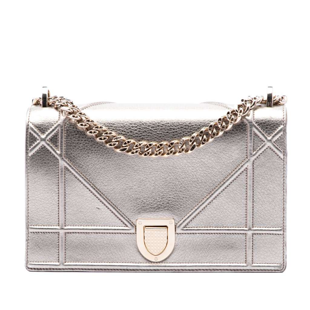 Dior Medium Metallic Calfskin Diorama Flap Silver Leather Very good condition - Front View