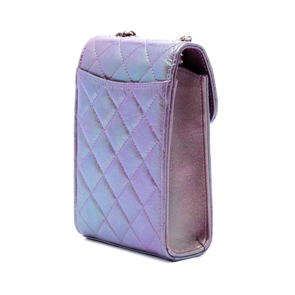 Chanel CC Quilted Iridescent Lambskin Phone Holder with Chain Purple Leather Very good condition - Back View