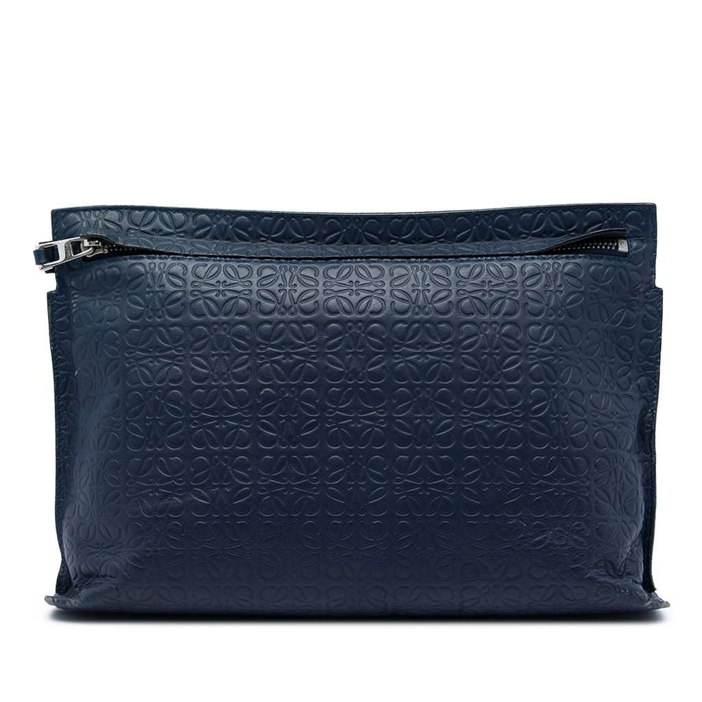 LOEWE Embossed Anagram Leather Repeat T Clutch Blue Leather Very good - Front View