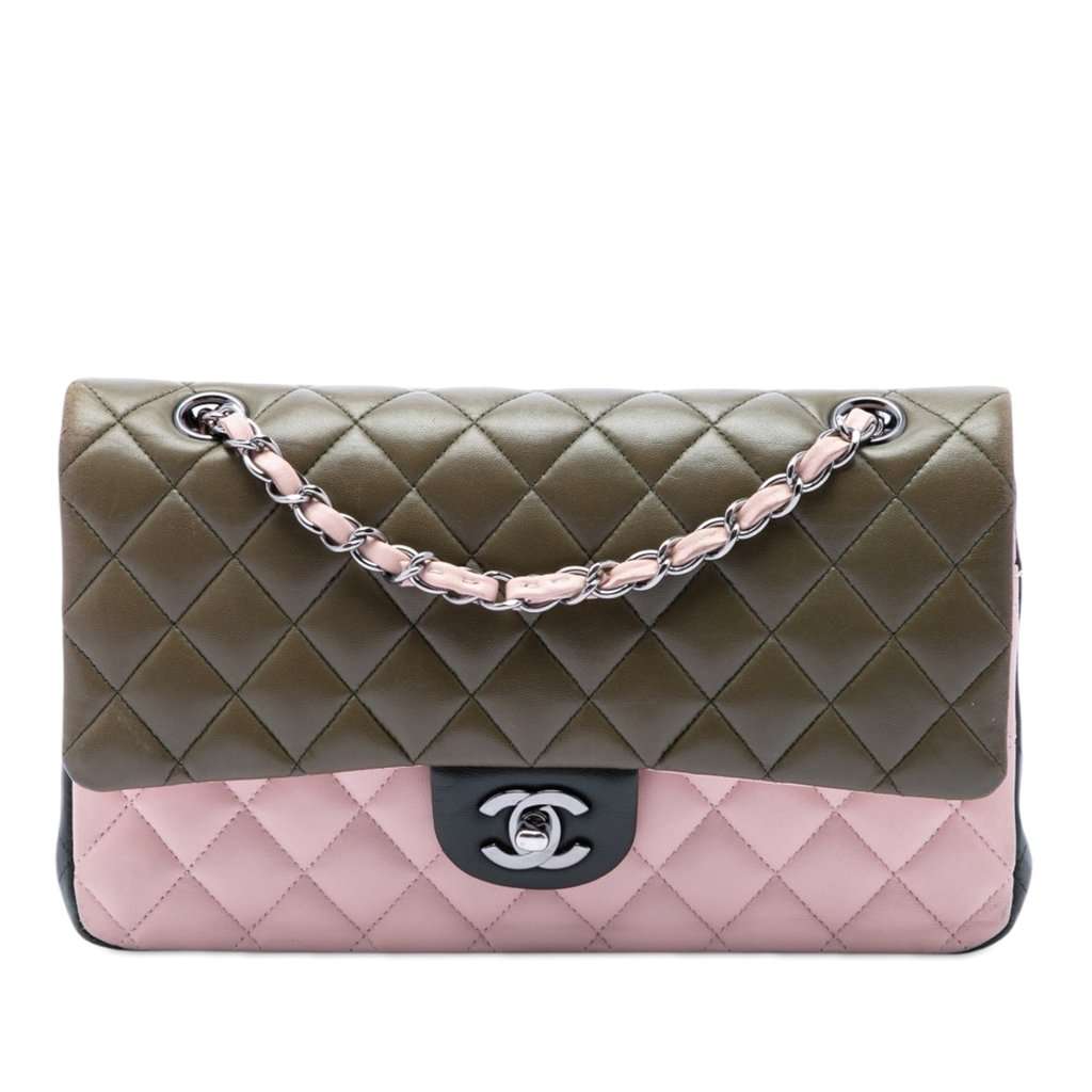 Chanel Medium Classic Tricolor Lambskin Double Flap Green Leather Very good condition - Front View