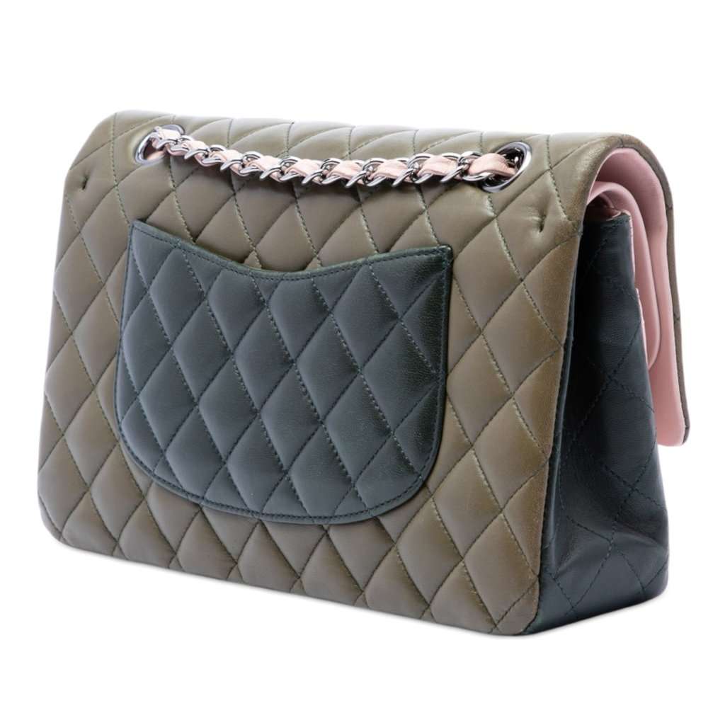 Chanel Medium Classic Tricolor Lambskin Double Flap Green Leather Very good condition - Back View