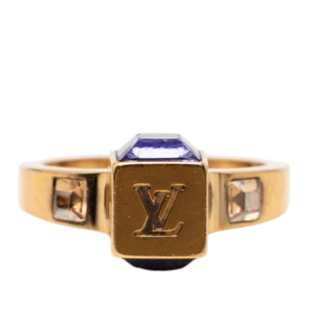 Louis Vuitton Gold Plated Crystal Gamble Cocktail Ring M Gold Metal Very good condition - Front View