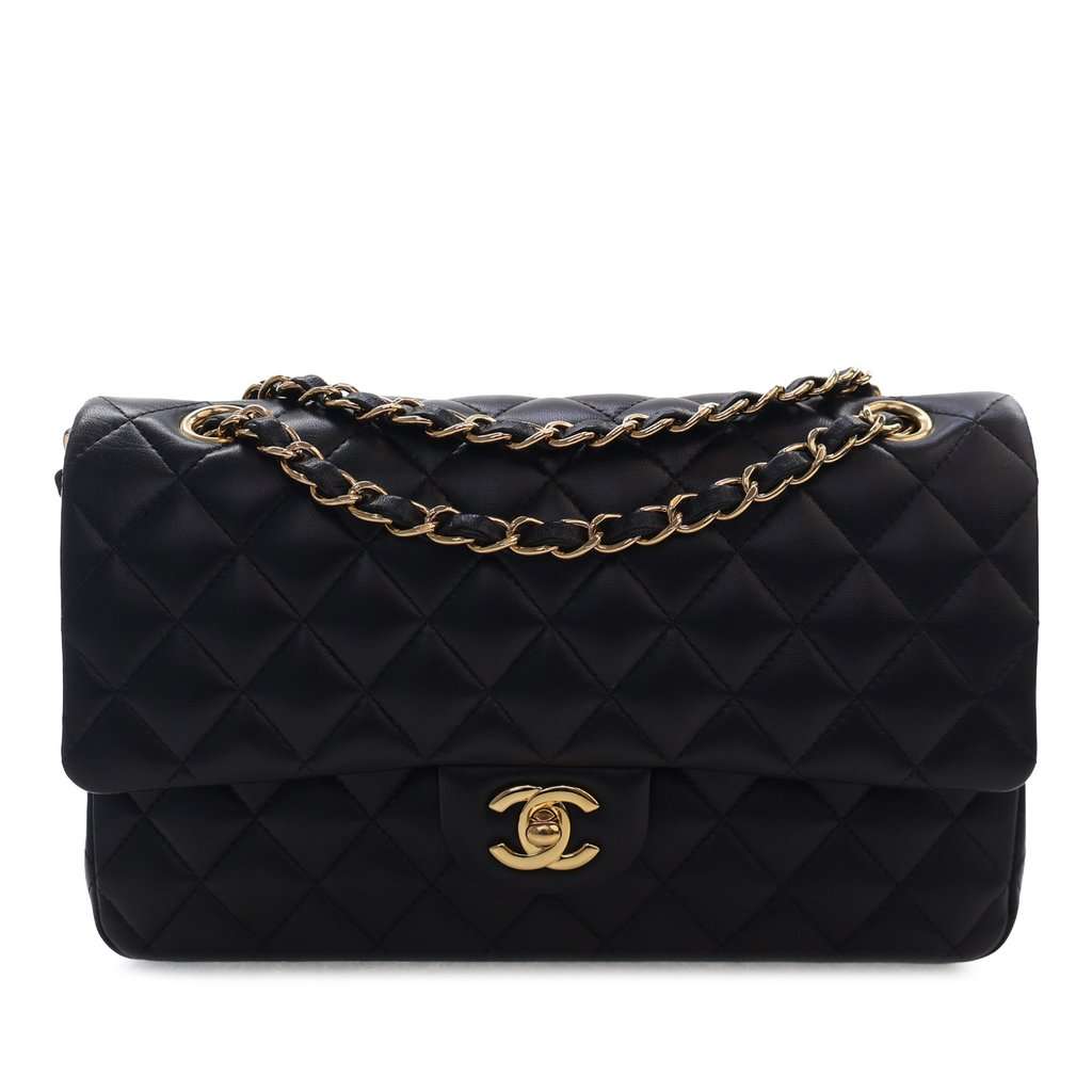 Chanel Medium Classic Lambskin Double Flap Black Leather Very good condition - Front View