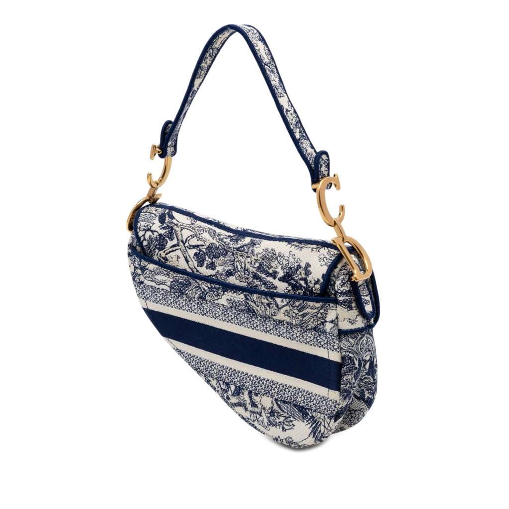 Dior Embroidered Canvas Toile de Jouy Saddle Bag Blue Very good condition - Back View