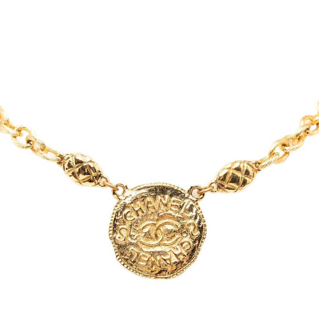 Chanel CC Gold Plated Round Pendant Necklace Gold Metal Very good - Back View
