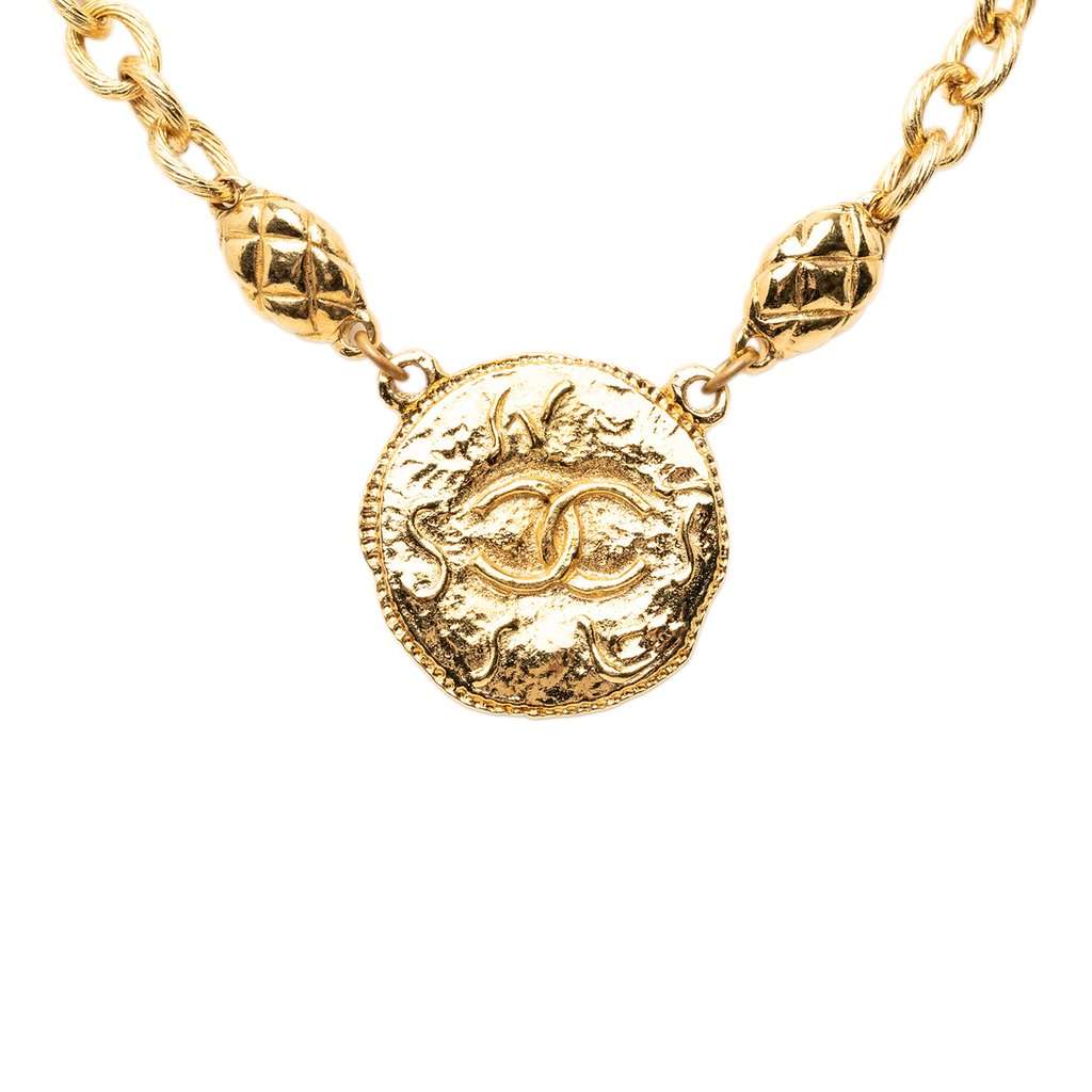 Chanel CC Gold Plated Round Pendant Necklace Gold Metal Very good - Inside View