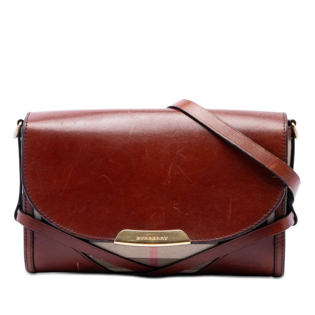 Burberry Leather and House Check Canvas Bridle Abbott Crossbody Brown Leather Very good - Front View