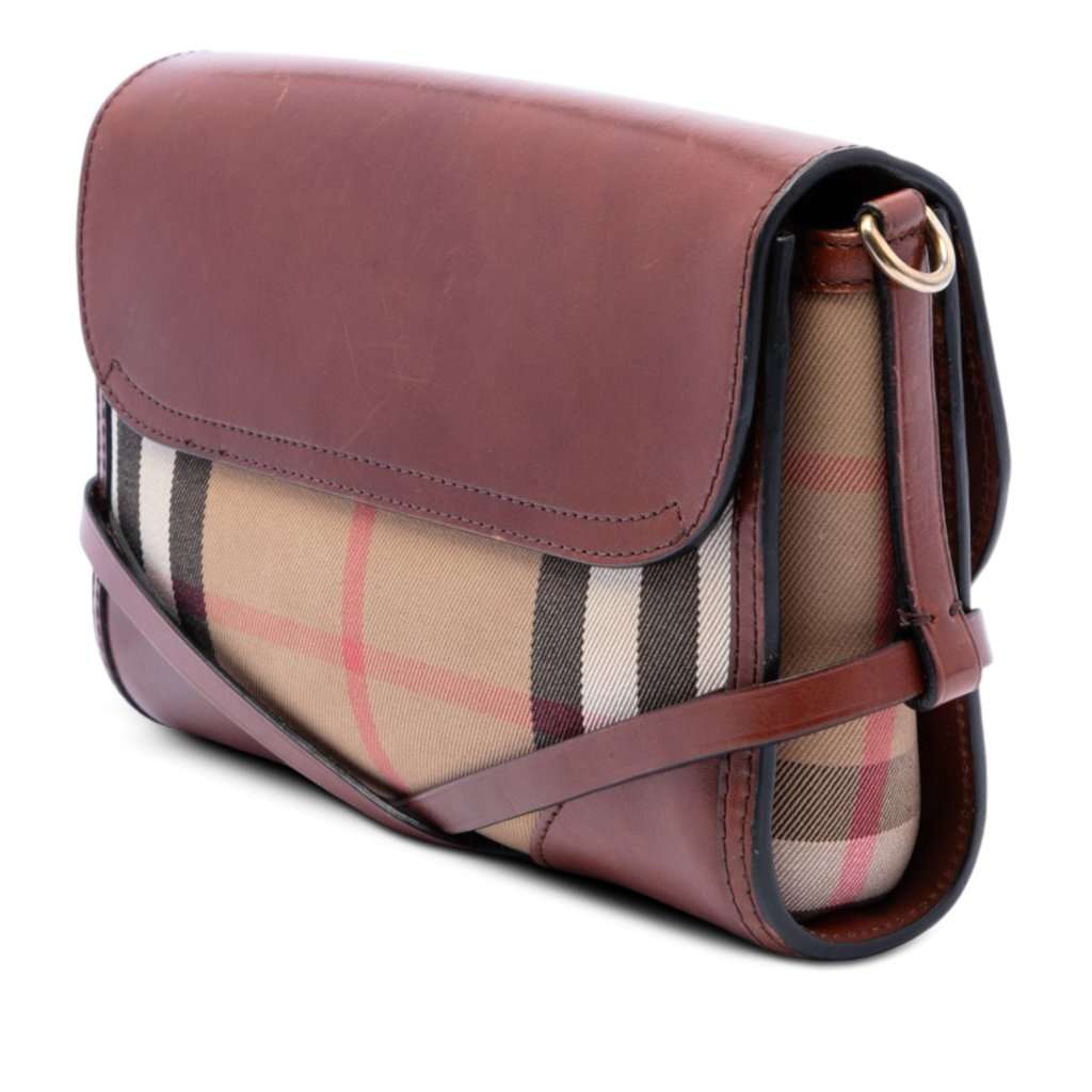 Burberry Leather and House Check Canvas Bridle Abbott Crossbody Brown Leather Very good - Back View