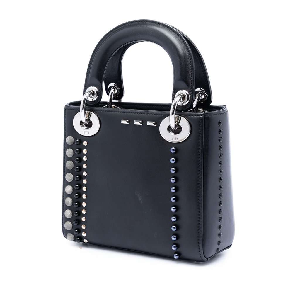 Dior Mini Lambskin Studded Crystal Pearl Lady Dior Black Leather Very good condition - Back View