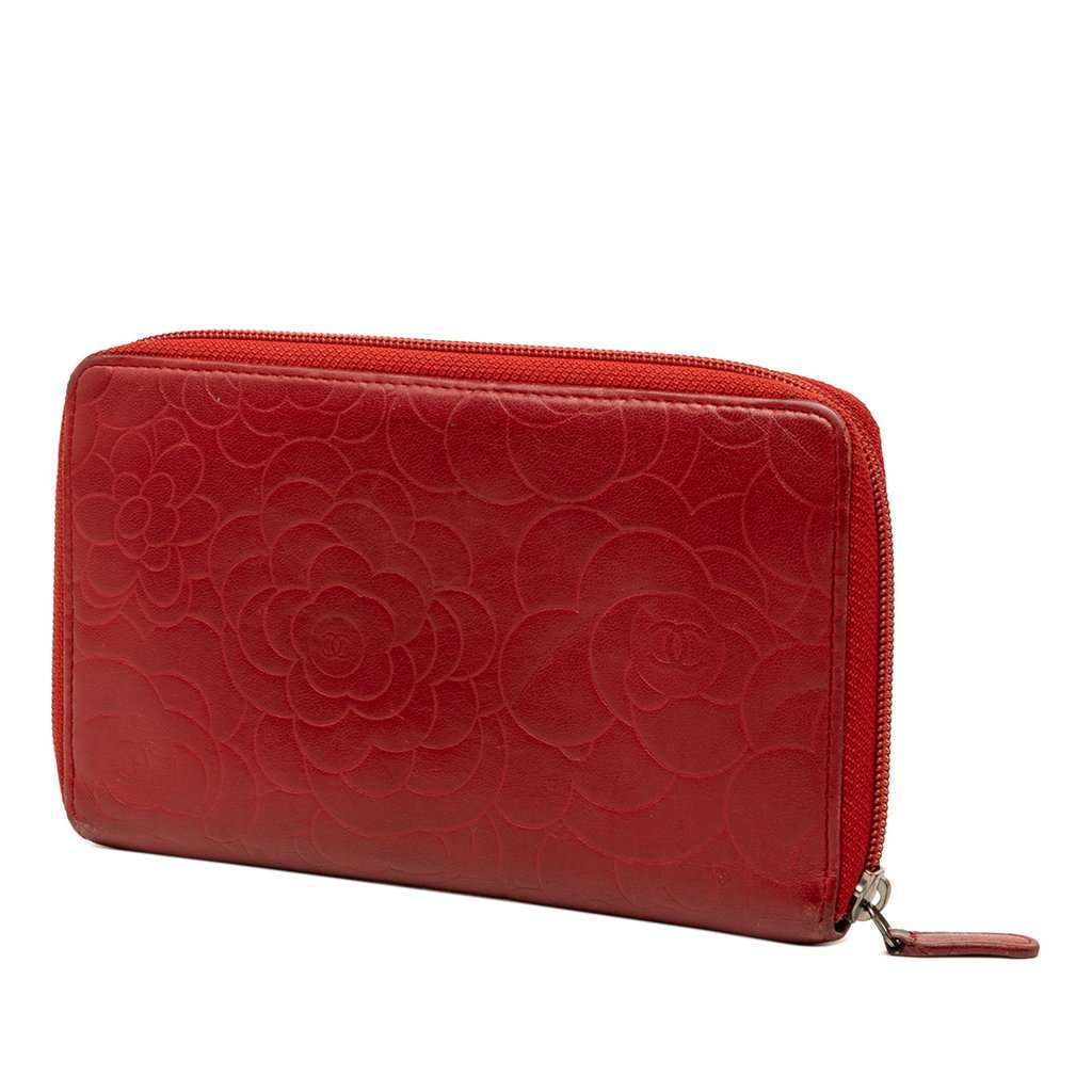 Chanel Embossed Lambskin Camellia Zip Around Long Wallet Red Leather Very good condition - Back View