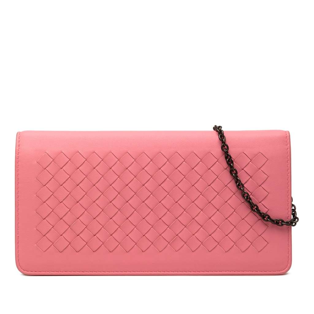 Bottega Veneta Nappa Intrecciato Continental Wallet on Chain Pink Leather Very good - Front View